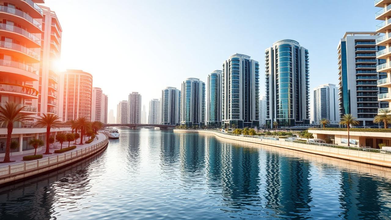 Business Bay towers in Dubai at golden hour